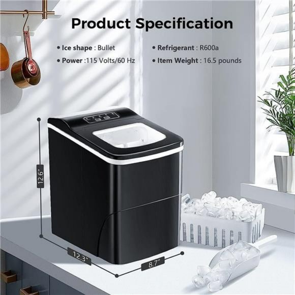 Countertop Ice Maker Machine, Portable Ice Makers with Ice Scoop& Basket (Black) - Picture 3 of 5